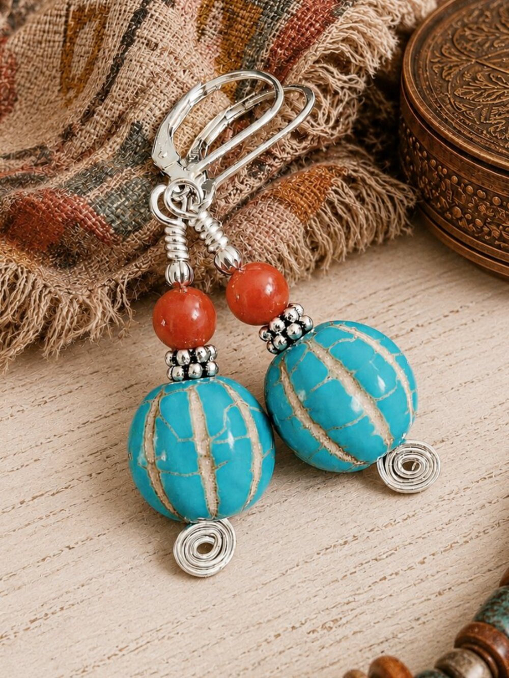 Southwest Dangle Earrings, Turquoise Magnesite & Red Quartz Boho Sterling Silver